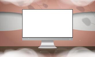 un monitor con una pantalla blanca se encuentra sobre una mesa de madera. una habitación rosa con un diseño elegante. banner listo para su anuncio. ilustración vectorial estilo realista. vector