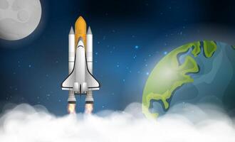 An illustration of a space shuttle flying over the earth vector