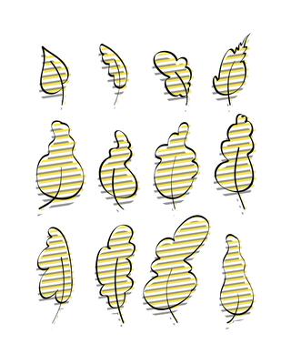 Set of stylish hand-drawn leaves with yellow-gray glitch effect. Doodle style. Elements for the design of postcards, books, menus or advertising. Isolated. Vector