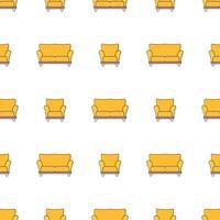 Seamless pattern with yellow armchair and sofa. Minimalism background with flower pots and triangles. Line art. vector
