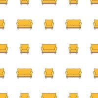 Seamless pattern with yellow armchair and sofa. Minimalism background with flower pots and triangles. Line art. Vector