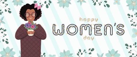 Happy womens day banner. A dark-skinned cute girl with black curly hair holds flowers. African American girl with glasses. Floral frame. Vector illustration.