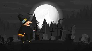 A witch in a black robe walks through the cemetery. Witch with a hat. Suitable for Halloween-themed designs. Vector. vector