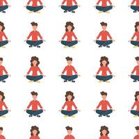 Seamless pattern with yoga people. Guy and girl meditating and doing breathing exercises seamless pattern in . vector