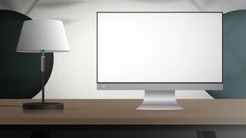 Monitor with a white screen. Studio background space with shadows and a shelf. White studio in a realistic style. Vector. vector