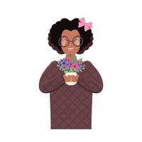 A dark-skinned girl holds a pot of flowers in her hands. African American cute girl. Isolated. Vector. vector