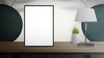 Tablet with a white screen. Studio background space with shadows and shelf. White studio with green holes in round circles. Vector. vector