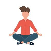 Young guy in yoga pose doing meditation, mindfulness practice, spiritual discipline. The guy is sitting cross-legged on the floor and meditating. Isolated. Flat cartoon style. Vector illustration.