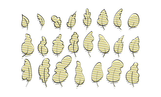 Large Set of stylish hand-drawn leaves with yellow-gray glitch effect. Doodle style. Elements for the design of postcards, books, menus or advertising. Isolated.