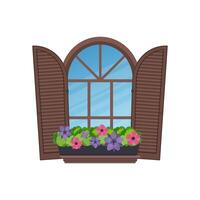 Semicircular arched window with flowers and security shutters in Italian style. Vector illustration.