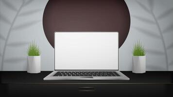 Laptop on desk with plants and vases vector