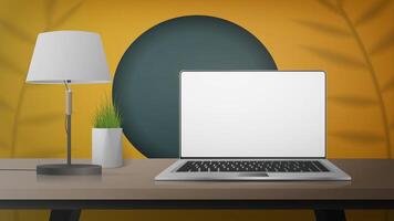 Yellow room with work desk, laptop, lamp and houseplants. Laptop with a white screen. Vector illustration, realistic style.