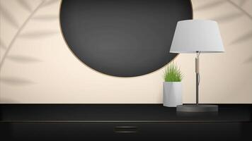 Minimal scene for product presentation. Black wardrobe with gold accents, a table lamp and a houseplant. Mockup for showcasing a cosmetic product, podium, plinth or platform. Vector