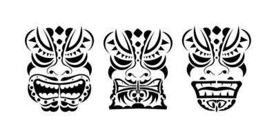 Set of Viking faces in ornament style. Polynesian, Maori or Hawaiian tribal patterns. Good for tattoos and t-shirts. Isolated. Vector