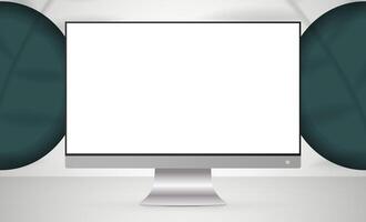 Monitor with a white screen in a light studio. Realistic style. White studio background space with shadows and shelf. Vector. vector