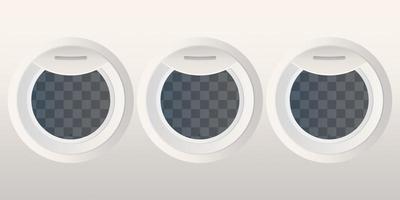 Realistic round portholes with transparent glass. Airplane and space shuttle window. Vector illustration