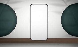 Phone with a white screen. White studio with green holes in round circles. Studio background space with shadows and shelf. Vector. Realistic style. vector