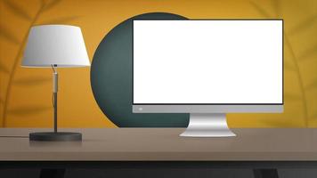 un monitor con una pantalla blanca se encuentra sobre una mesa de madera. una habitación amarilla realista con un diseño elegante. banner listo para su anuncio. vector. vector
