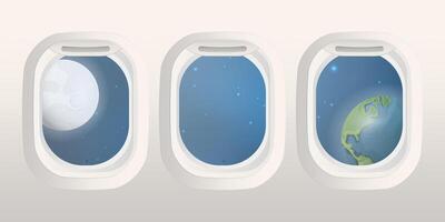 ojos de buey rectangulares realistas con vistas al espacio. ventana de avión y transbordador espacial. ilustración vectorial vector