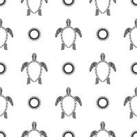 Vector seamless monochrome pattern with decorative ocean turtles. Black and white ethnic hand drawn fabric design.