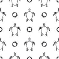 Vector seamless monochrome pattern with decorative ocean turtles. Black and white ethnic hand drawn fabric design.