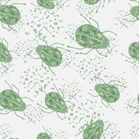 Random seamless doodle pattern with hand drawn folk bugs elements. Insect simple shapes in green tones on white background with splashes. vector
