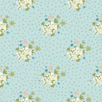 Naive seamless pattern with green and white abstract floral ornament. Blue background with dots. vector