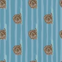 Brown colored snails silhouettes seamless doodle pattern. Blue striped background. Creative print with stylized animals. vector