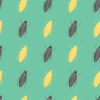 Grey and yellow contoured bugs ornament seamless pattern. Light turquoise background. Nature print. vector