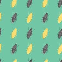 Grey and yellow contoured bugs ornament seamless pattern. Light turquoise background. Nature print. vector