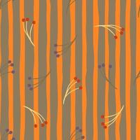 Scrapbook seamless pattern with random berry branches ornament. Grey and orange striped background. vector