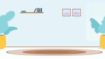 A cartoon style room with a central location for action. Houseplants, paintings, shelf, books, carpet. Vector. vector