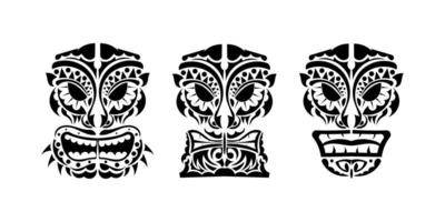 Set of faces of devils in ornament style. Polynesian, Maori or Hawaiian tribal patterns. Good for tattoos and t-shirts. Isolated. Vector
