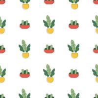 Minimalistic background with flower pots and triangles. Seamless pattern. Vector graphic design