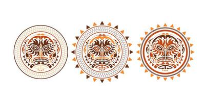 Tribal mask ethnic set. Polynesian colored patterns of faces illustration on white background. illustration set of voodoo face icon. vector