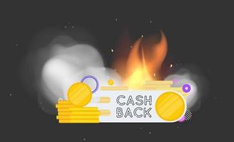 Cashback lettering in fire and smoke. Golden coins. Composition on the topic of money back and cashback. Vector illustration.