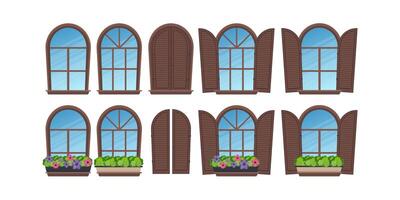 A large set of semicircular windows with shutters and flowers. In a flat style. Isolated. Vector illustration.