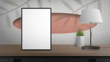 A tablet with a white screen stands on a wooden table. White room with stylish design. Ready banner for your advertisement. Vector illustration.