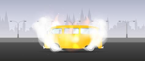 A yellow bus with smoke coming out of it vector