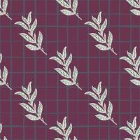 Grey colored foliage branches seamless nature pattern. Purple background with check. Simple design. vector