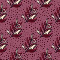 Leaves branch outline abstract seamless pattern. Contoured red botanic ornament on dark lilac background with dots. vector