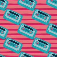 Blue tones seamless pattern with cassette hand drawn print. Pink stripped background. Stylized 80s music artwork. vector