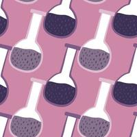 Labaratory seamless doodle pattern with purple tones flask. Science cartoon backdrop. vector