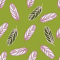 Random minimalistic seamless pattern with lilac contoured leafs. White and purple ornament on green olive background. vector