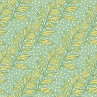 Green foliage outline abstract seamless pattern. Light turquoise background with white dots. vector