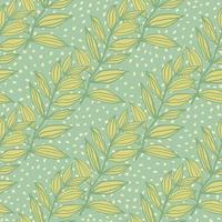 Green foliage outline abstract seamless pattern. Light turquoise background with white dots. vector