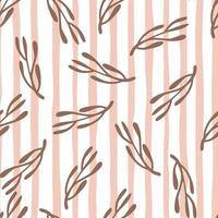 Random seamless pattern with simple branches silhouettes ornament. Pink and white striped background. vector