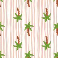 Green palm tree elements seamless pattern in doodle style. Striped white and pink background. Doodle ornament. vector