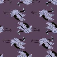 Doodle seamless fauna pattern with simple chinese crane bird ornament. Purple pale background. vector