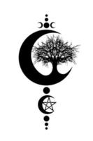 luna mística, árbol de la vida y pentáculo wicca. geometría sagrada. logotipo, luna creciente, símbolo de la diosa triple wiccan pagana de media luna, círculo de energía, vector de tatuaje negro aislado en fondo blanco